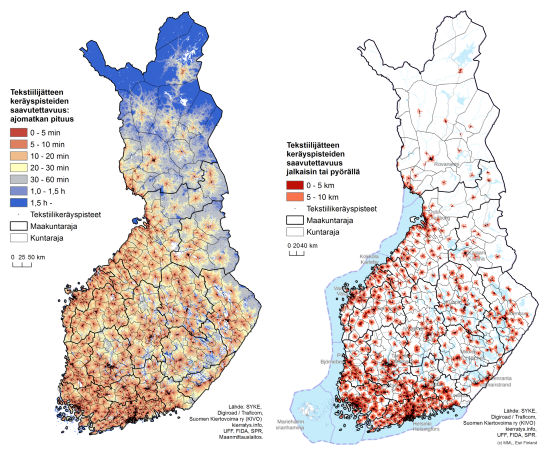 Tekstiilin keräyspisteet Suomen kartalla ja saavutettavuus ajomatkan mukaan, jalkaisin tai pyörällä